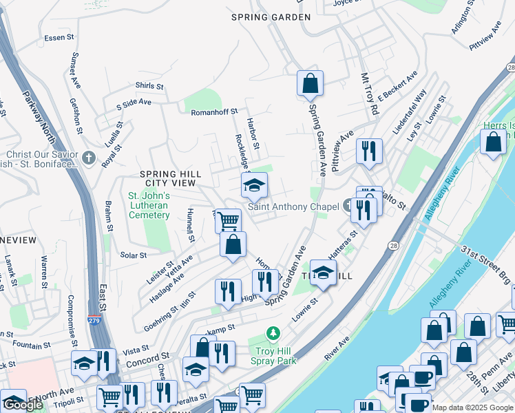 map of restaurants, bars, coffee shops, grocery stores, and more near 1351 Damas Street in Pittsburgh