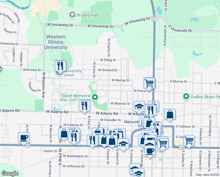 map of restaurants, bars, coffee shops, grocery stores, and more near 446 West Pierce Street in Macomb