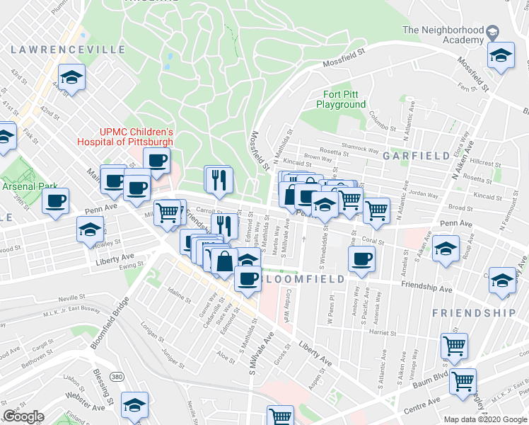 map of restaurants, bars, coffee shops, grocery stores, and more near 112 North Mathilda Street in Pittsburgh