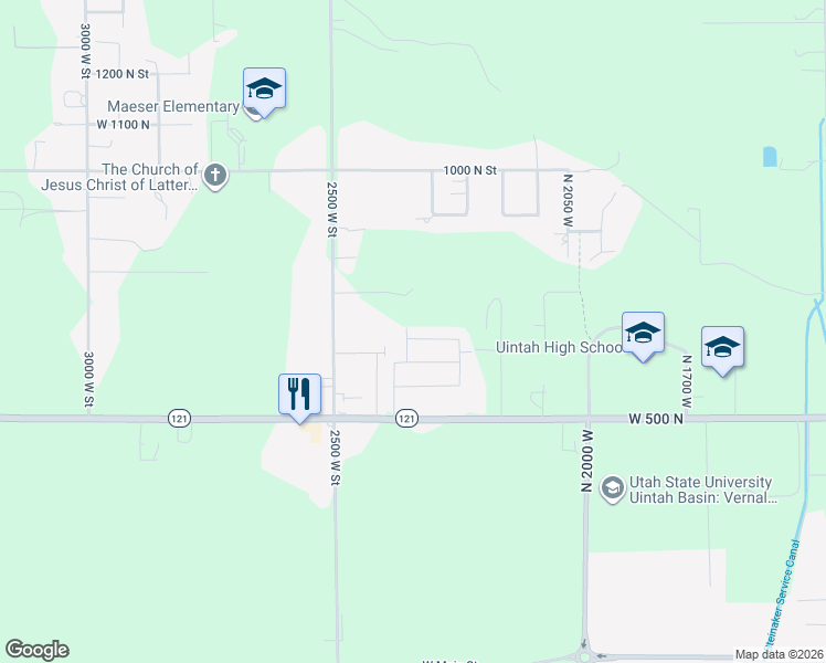 map of restaurants, bars, coffee shops, grocery stores, and more near 4232 West 650 North in Vernal