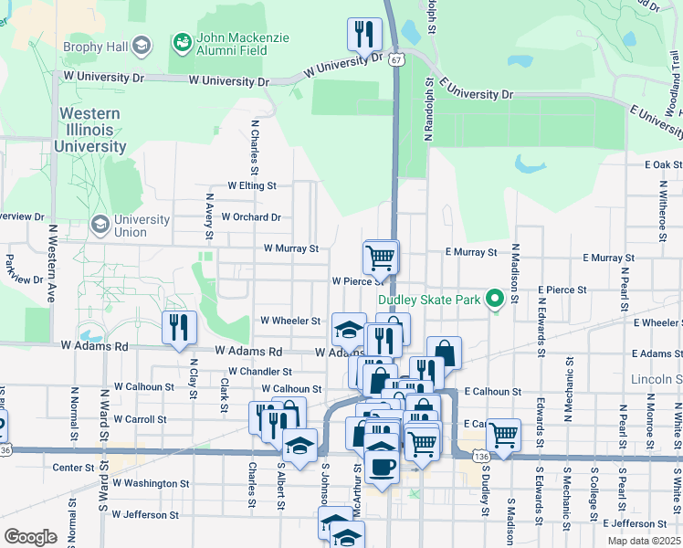 map of restaurants, bars, coffee shops, grocery stores, and more near 232 West Pierce Street in Macomb