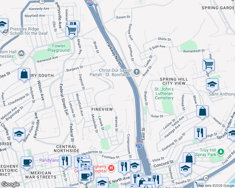 map of restaurants, bars, coffee shops, grocery stores, and more near 258 Peekskill Street in Pittsburgh