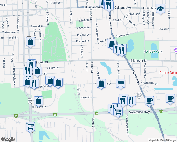 map of restaurants, bars, coffee shops, grocery stores, and more near 1511 Julie Drive in Bloomington