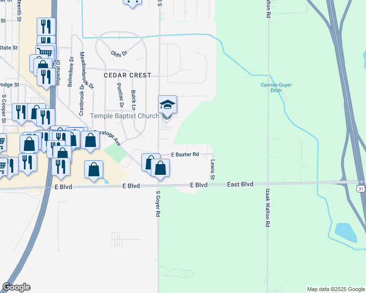 map of restaurants, bars, coffee shops, grocery stores, and more near 1930 South Goyer Road in Kokomo