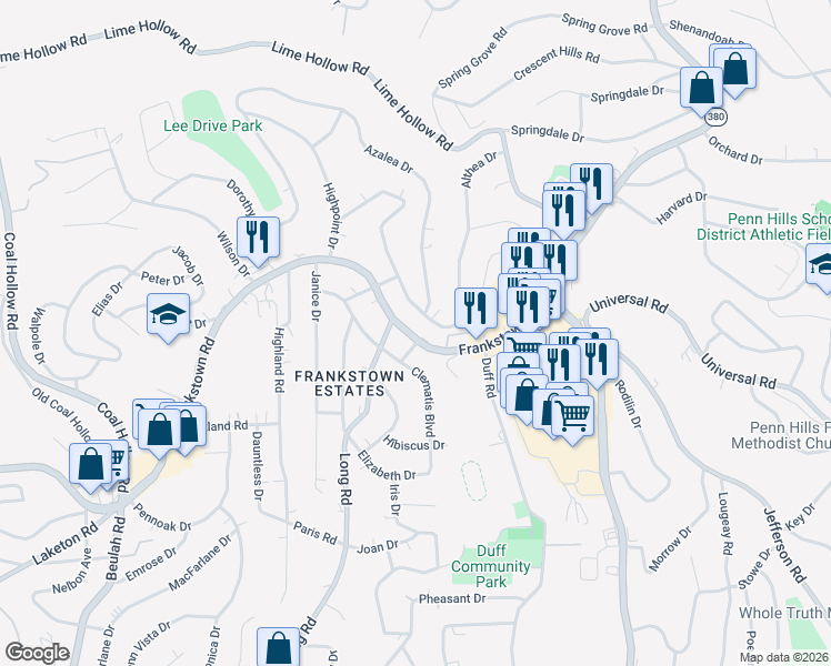 map of restaurants, bars, coffee shops, grocery stores, and more near 11507 Frankstown Road in Pittsburgh