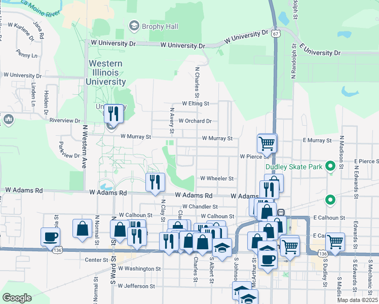 map of restaurants, bars, coffee shops, grocery stores, and more near 512 West Pierce Street in Macomb