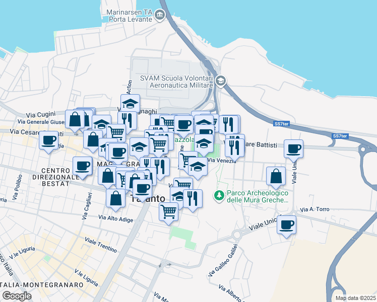 map of restaurants, bars, coffee shops, grocery stores, and more near 4 Via Ancona in Taranto