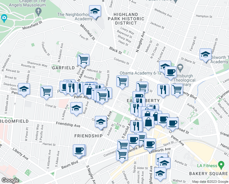 map of restaurants, bars, coffee shops, grocery stores, and more near 215 North Negley Avenue in Pittsburgh