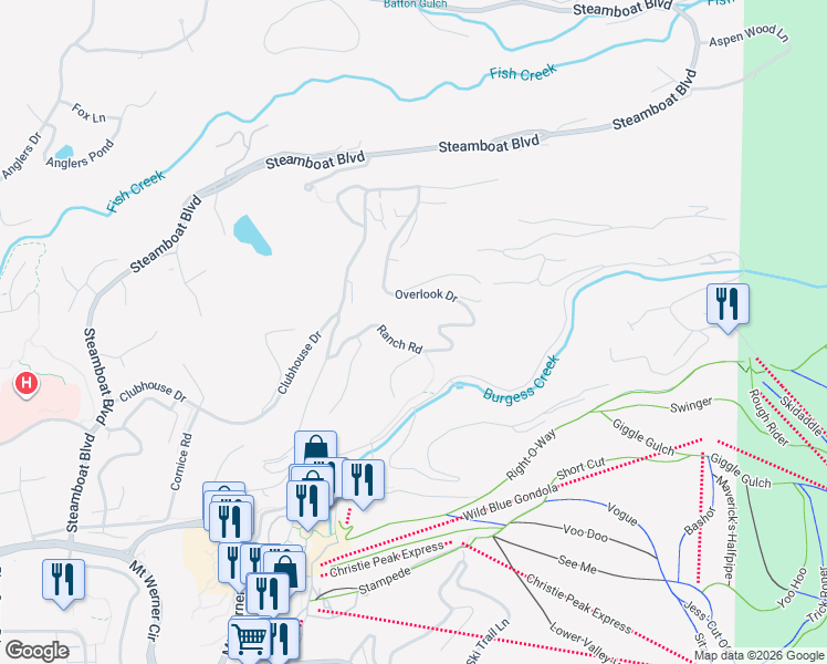 map of restaurants, bars, coffee shops, grocery stores, and more near 1660 Ranch Road in Steamboat Springs