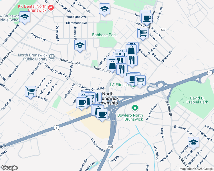 map of restaurants, bars, coffee shops, grocery stores, and more near 764 Georges Road in North Brunswick Township