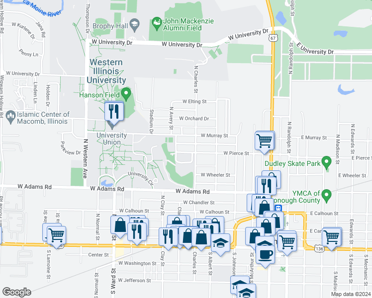 map of restaurants, bars, coffee shops, grocery stores, and more near 516 West Pierce Street in Macomb