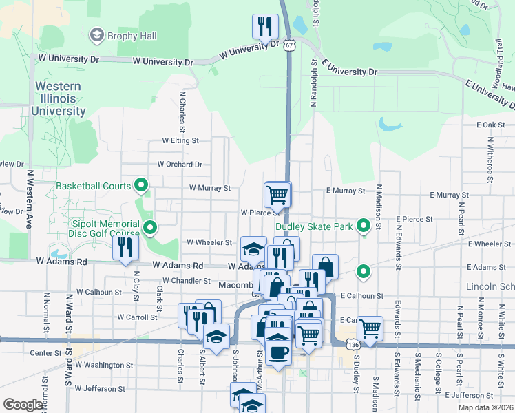 map of restaurants, bars, coffee shops, grocery stores, and more near 606 North McArthur Street in Macomb