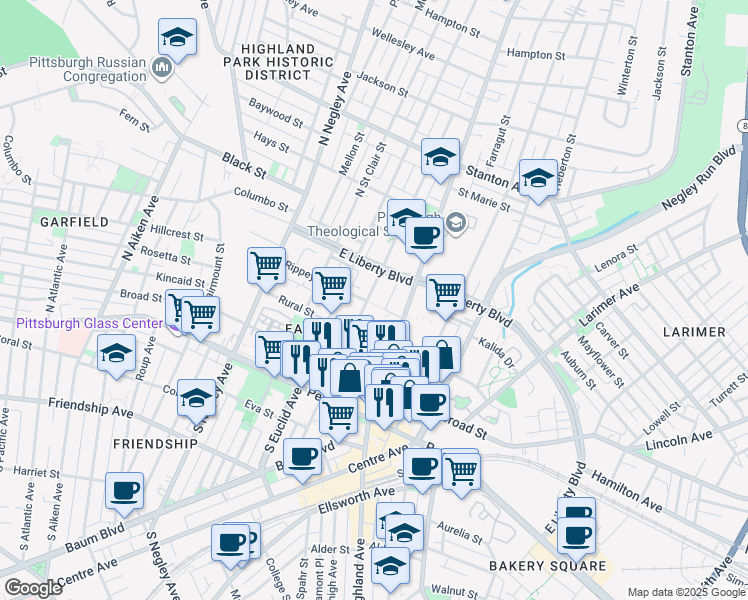 map of restaurants, bars, coffee shops, grocery stores, and more near 414 North Beatty Street in Pittsburgh