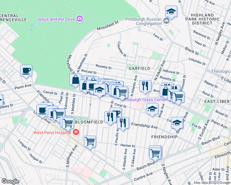 map of restaurants, bars, coffee shops, grocery stores, and more near 5144 Dearborn Street in Pittsburgh