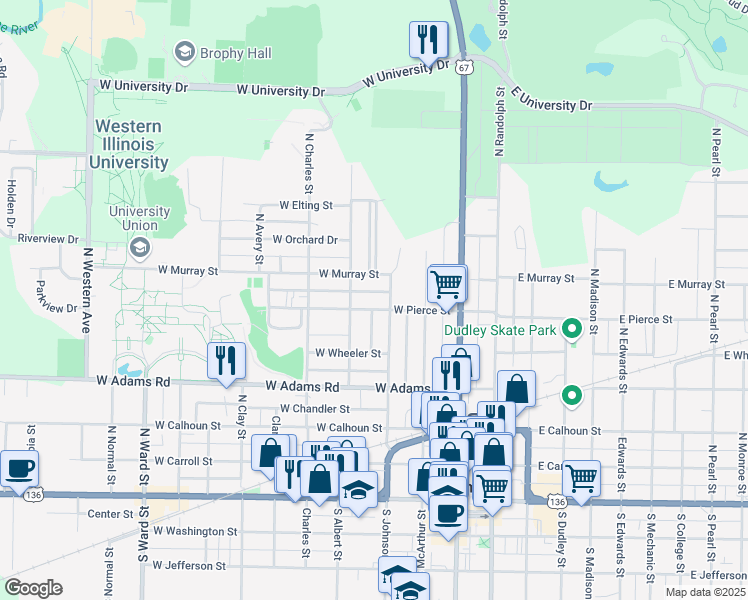 map of restaurants, bars, coffee shops, grocery stores, and more near 316 West Pierce Street in Macomb