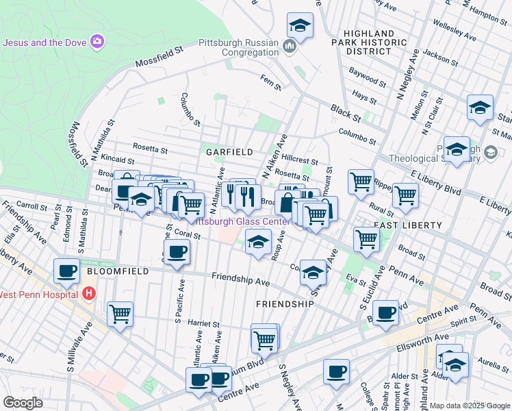 map of restaurants, bars, coffee shops, grocery stores, and more near 5349 Waterford Street in Pittsburgh