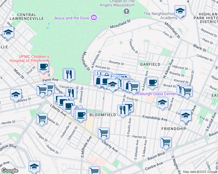 map of restaurants, bars, coffee shops, grocery stores, and more near 4931 Penn Avenue in Pittsburgh