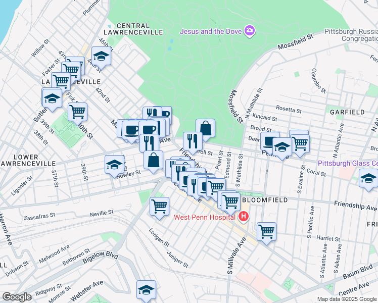 map of restaurants, bars, coffee shops, grocery stores, and more near 4533 Friendship Avenue in Pittsburgh