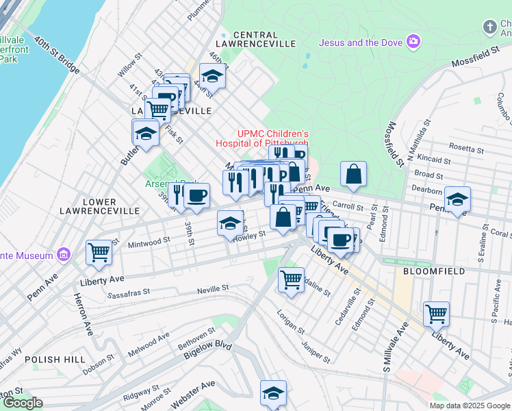 map of restaurants, bars, coffee shops, grocery stores, and more near 4063 Penn Avenue in Pittsburgh
