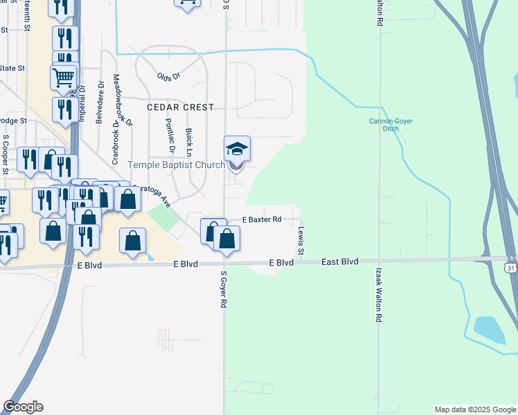 map of restaurants, bars, coffee shops, grocery stores, and more near 1930 South Goyer Road in Kokomo