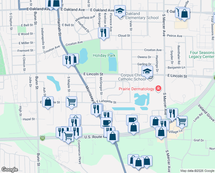 map of restaurants, bars, coffee shops, grocery stores, and more near 109 Meadowbrook Drive in Bloomington