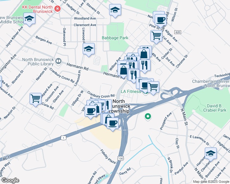 map of restaurants, bars, coffee shops, grocery stores, and more near 764-778 Georges Road in North Brunswick Township