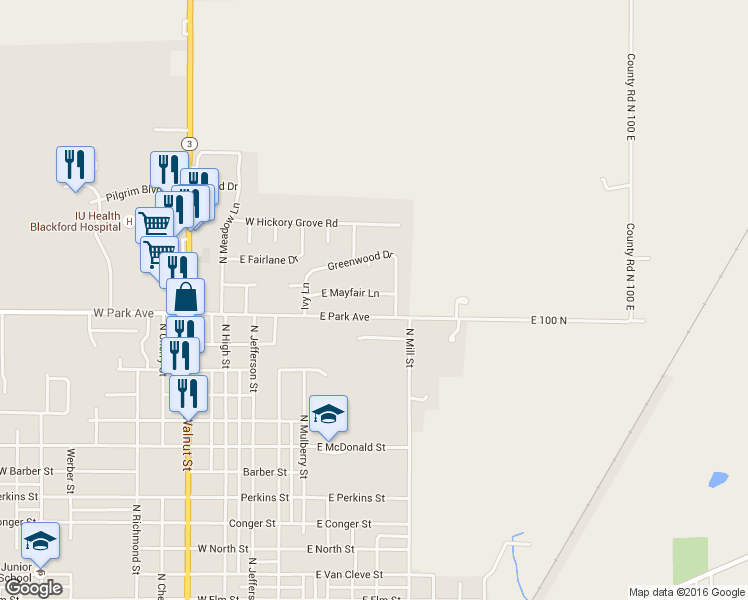 map of restaurants, bars, coffee shops, grocery stores, and more near 508 East Mayfair Lane in Hartford City