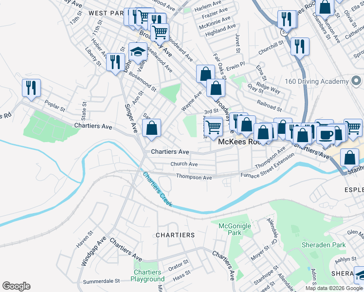 map of restaurants, bars, coffee shops, grocery stores, and more near 120 Greydon Avenue in McKees Rocks
