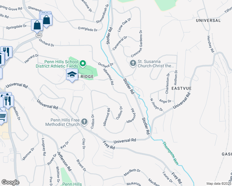 map of restaurants, bars, coffee shops, grocery stores, and more near 537 Idlewood Road in Pittsburgh