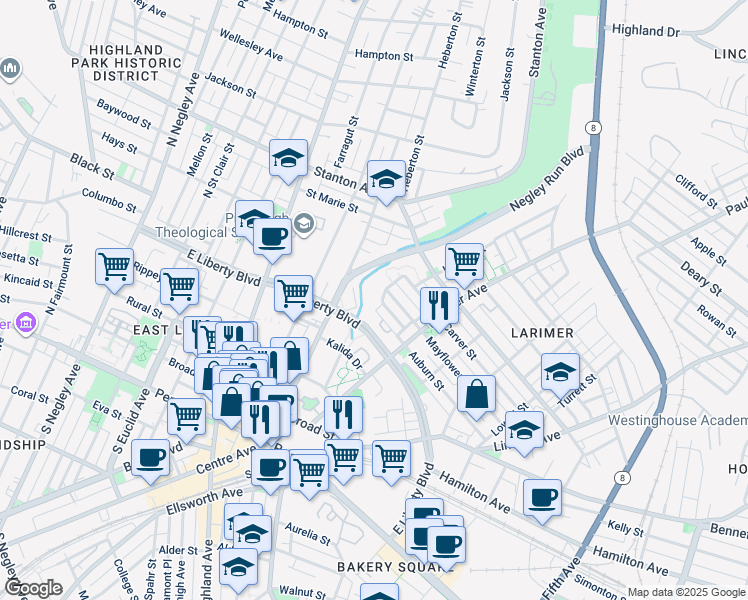 map of restaurants, bars, coffee shops, grocery stores, and more near 6256 Auburn Street in Pittsburgh