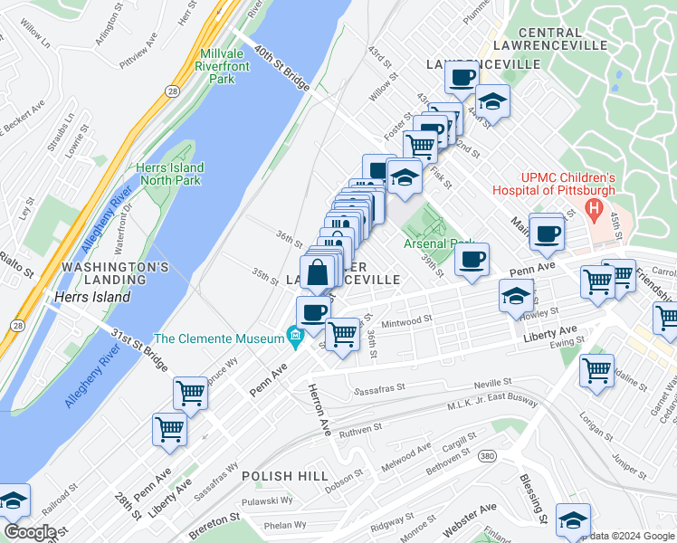map of restaurants, bars, coffee shops, grocery stores, and more near in Pittsburgh
