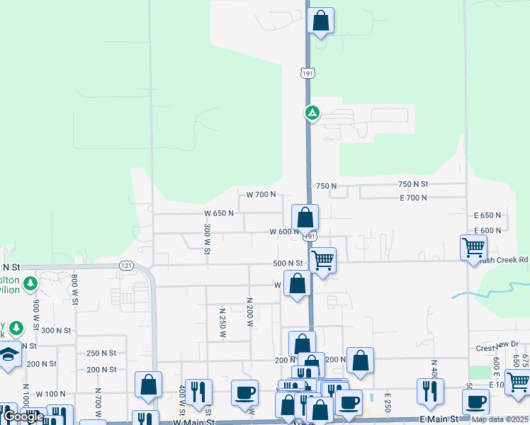 map of restaurants, bars, coffee shops, grocery stores, and more near 152 West 650 North in Vernal