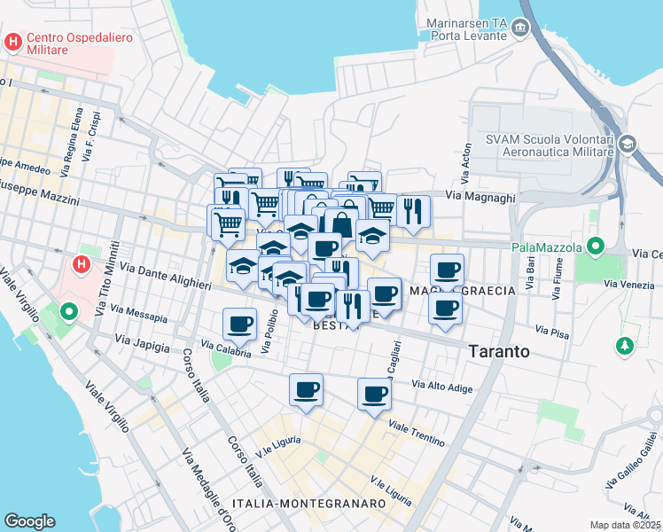 map of restaurants, bars, coffee shops, grocery stores, and more near 4 Via Salinella in Taranto
