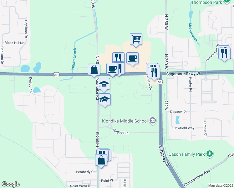 map of restaurants, bars, coffee shops, grocery stores, and more near 3348 Wyndham Way in West Lafayette