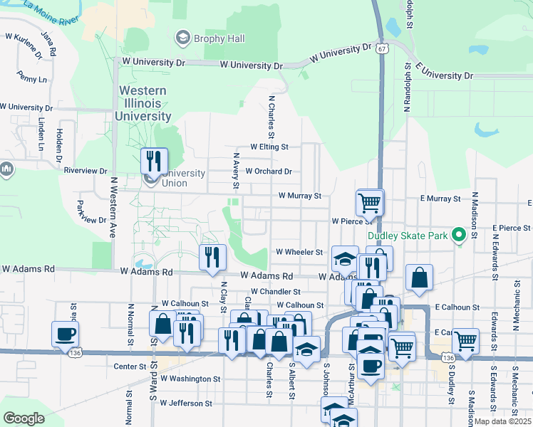 map of restaurants, bars, coffee shops, grocery stores, and more near 608 North Charles Street in Macomb