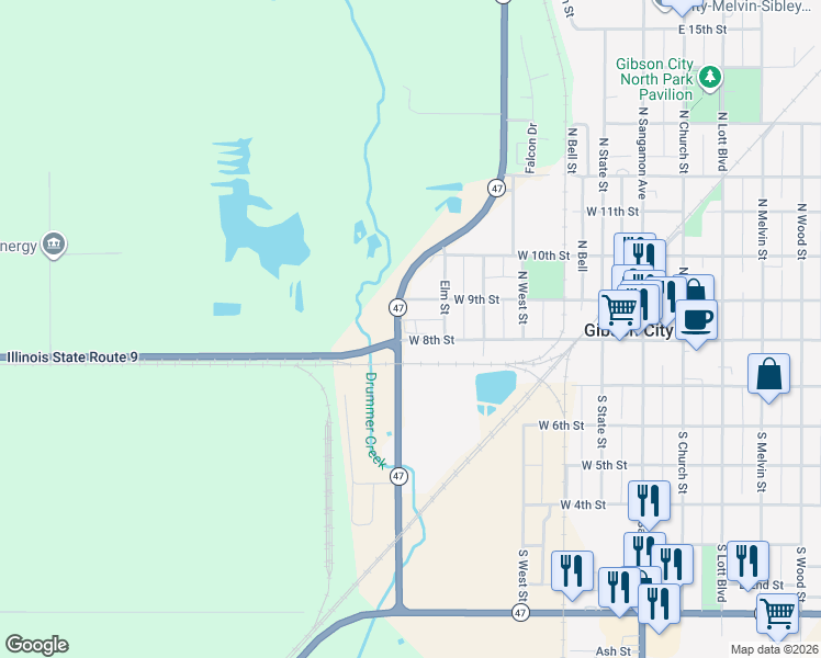 map of restaurants, bars, coffee shops, grocery stores, and more near 628 West 8th Street in Gibson City