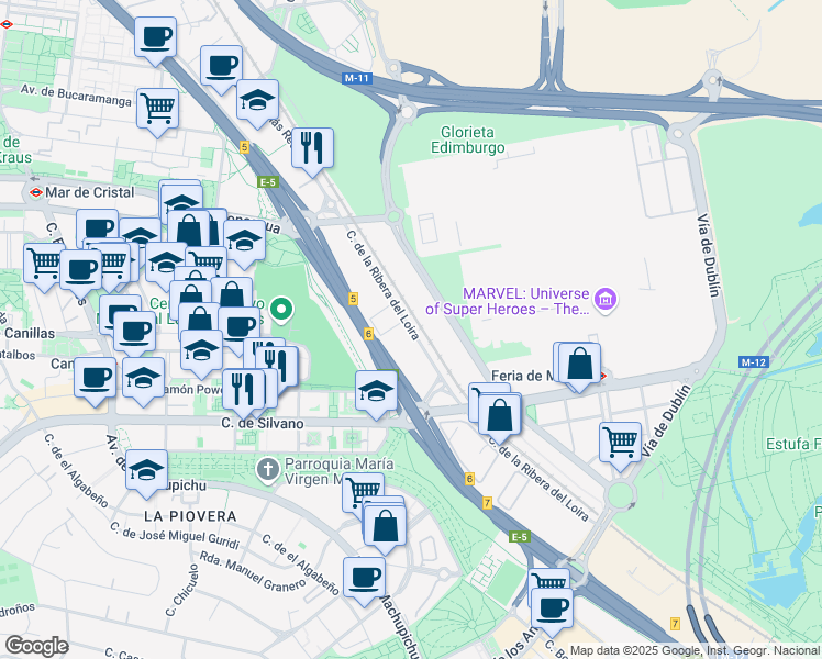 map of restaurants, bars, coffee shops, grocery stores, and more near 18 Calle de la Ribera del Loira in Madrid