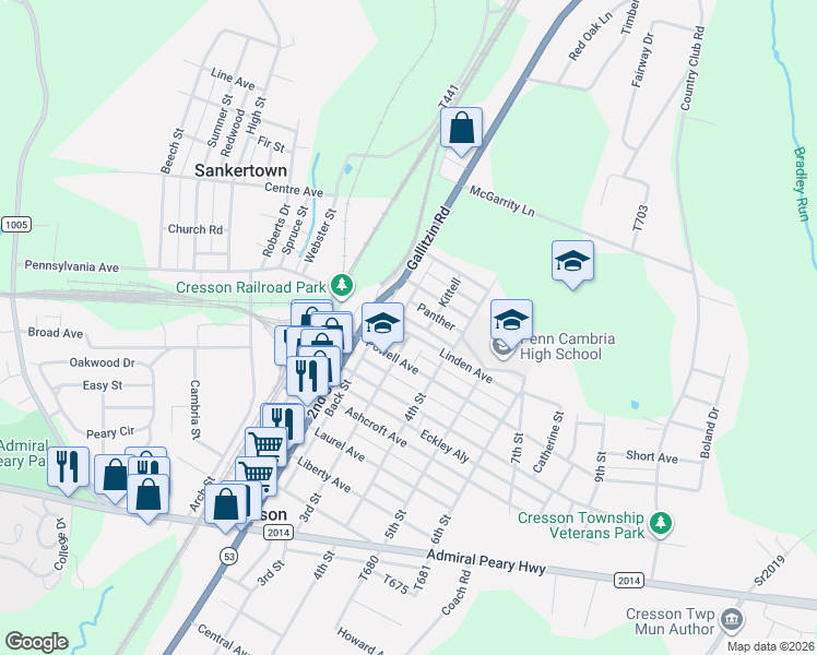 map of restaurants, bars, coffee shops, grocery stores, and more near 350-398 Kittell in Cresson
