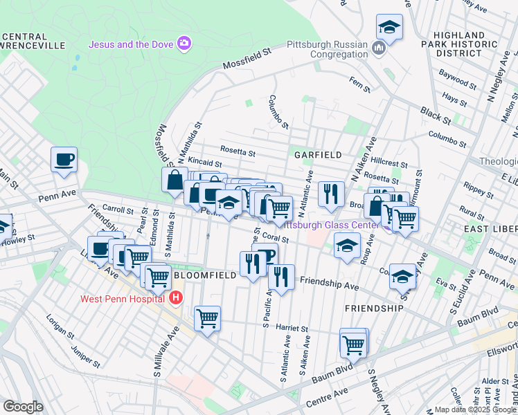 map of restaurants, bars, coffee shops, grocery stores, and more near 5144 Dearborn Street in Pittsburgh