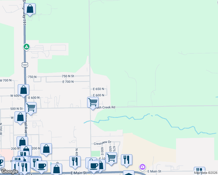 map of restaurants, bars, coffee shops, grocery stores, and more near 662 North 650 East in Vernal