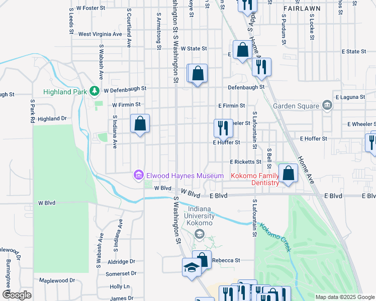 map of restaurants, bars, coffee shops, grocery stores, and more near 1811 South Buckeye Street in Kokomo