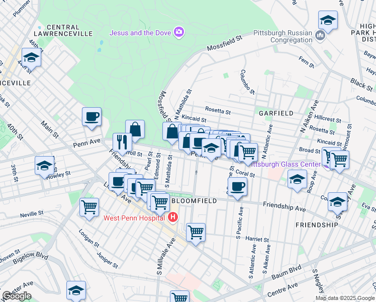 map of restaurants, bars, coffee shops, grocery stores, and more near 4823 Penn Avenue in Pittsburgh