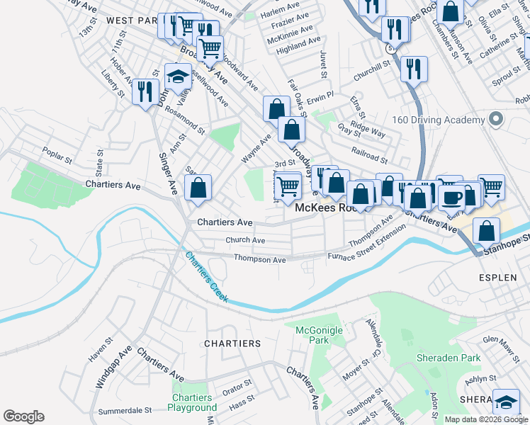 map of restaurants, bars, coffee shops, grocery stores, and more near 1123 Zinkhan Street in McKees Rocks