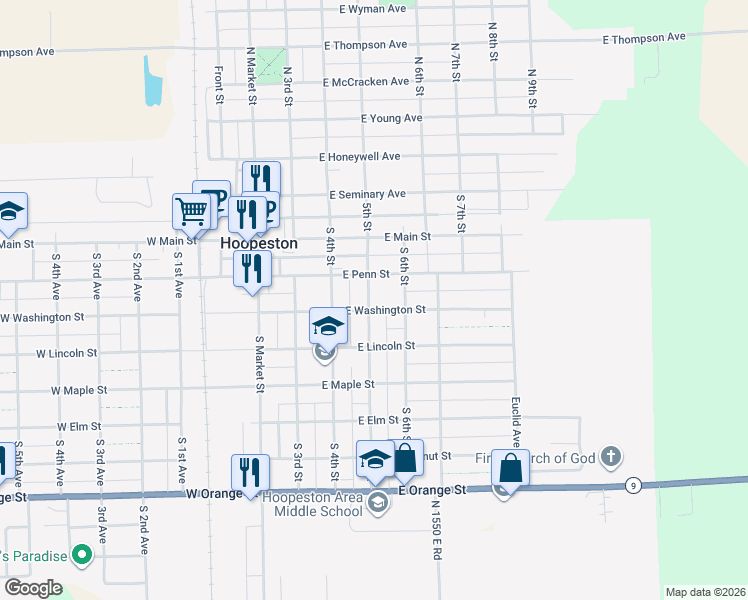 map of restaurants, bars, coffee shops, grocery stores, and more near 626 East Washington Street in Hoopeston