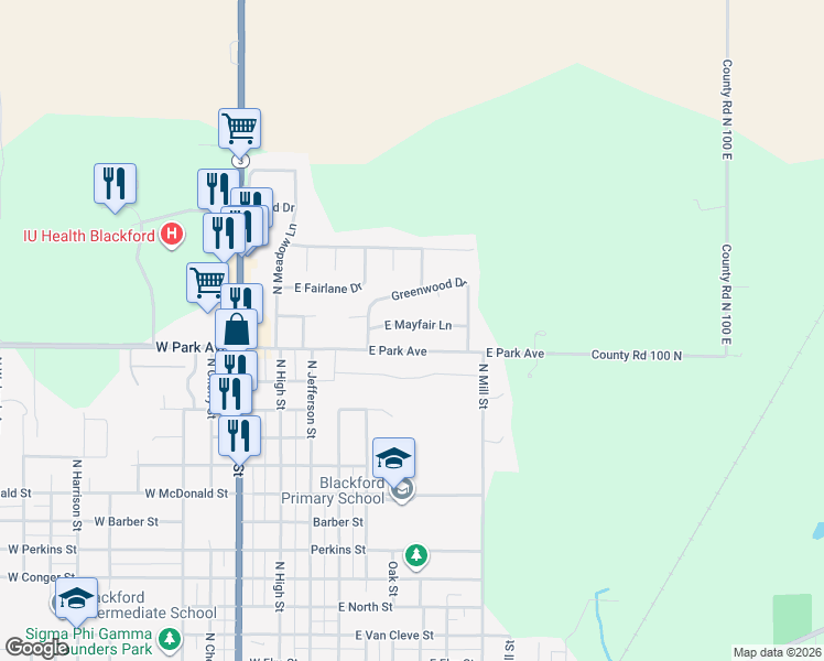 map of restaurants, bars, coffee shops, grocery stores, and more near 406 East Mayfair Lane in Hartford City