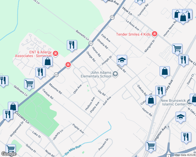 map of restaurants, bars, coffee shops, grocery stores, and more near 1380 Seminole Road in North Brunswick Township