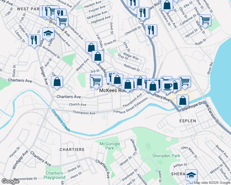 map of restaurants, bars, coffee shops, grocery stores, and more near in McKees Rocks