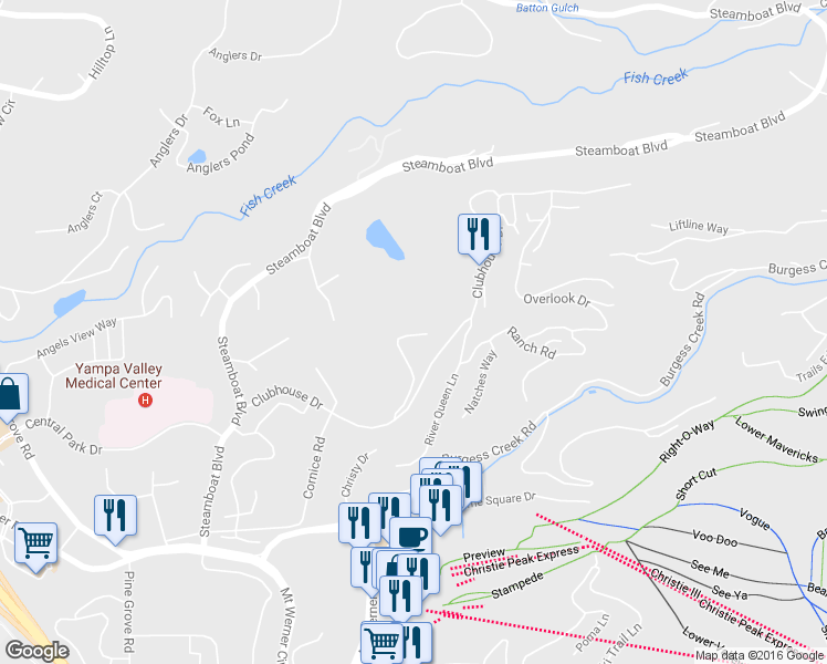map of restaurants, bars, coffee shops, grocery stores, and more near 1795 Highland Way in Steamboat Springs