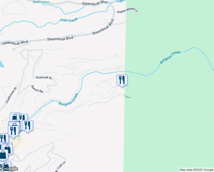 map of restaurants, bars, coffee shops, grocery stores, and more near 2883 Burgess Creek Road in Steamboat Springs