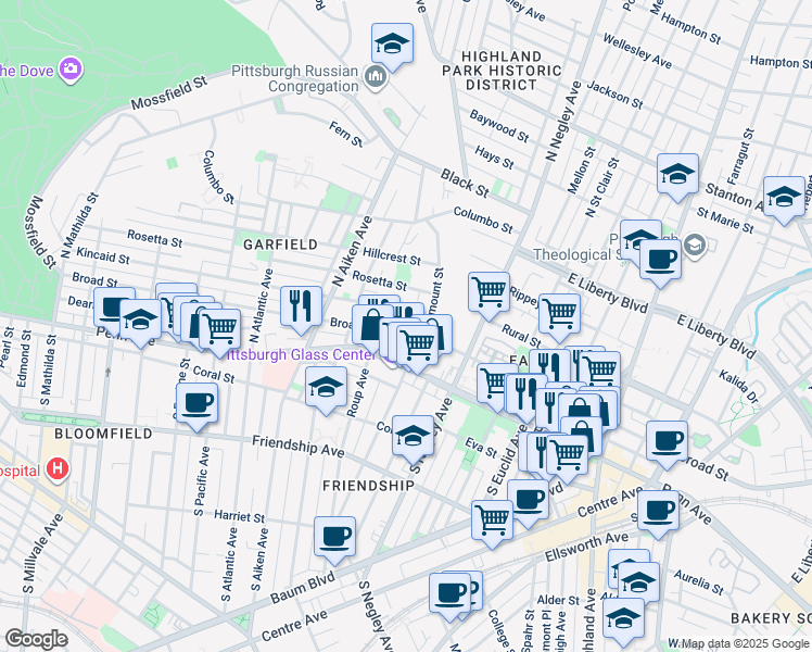 map of restaurants, bars, coffee shops, grocery stores, and more near 209 North Fairmount Street in Pittsburgh